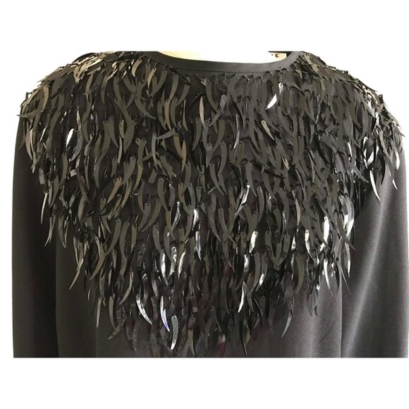 Black Long-Sleeve Fringe Top Medium With Sequin Detailing & Sheer Hem - Picture 3 of 5